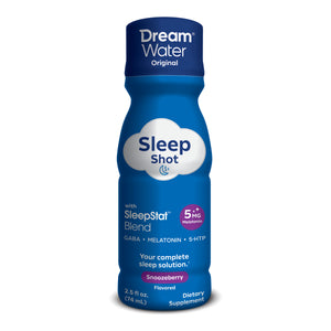Dream Water Sleep Shot in Snoozeberry flavor, 24-pack, featuring small bottles with vibrant labels for restful sleep.