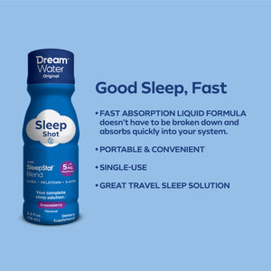 Dream Water Sleep Shot in Snoozeberry flavor, 24-pack, featuring a sleek bottle with vibrant label and sleep aid branding.