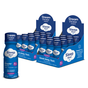 Dream Water Sleep Shot in Snoozeberry flavor with 24-pack, showing bottles and packaging on a white background.
