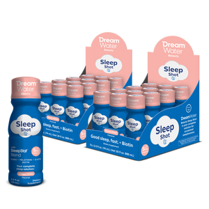 Dream Water Sleep Shot liquid shot in a 24-pack display, featuring a beauty sleep formula with melon flavor and sleep-enhancing ingredients.