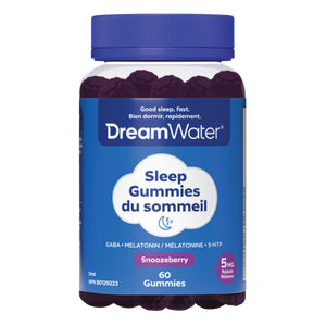Dream Water Snoozeberry sleep gummies with pectin, 60 count, sugar-free, featuring berry-flavored, soft gummies for restful sleep.