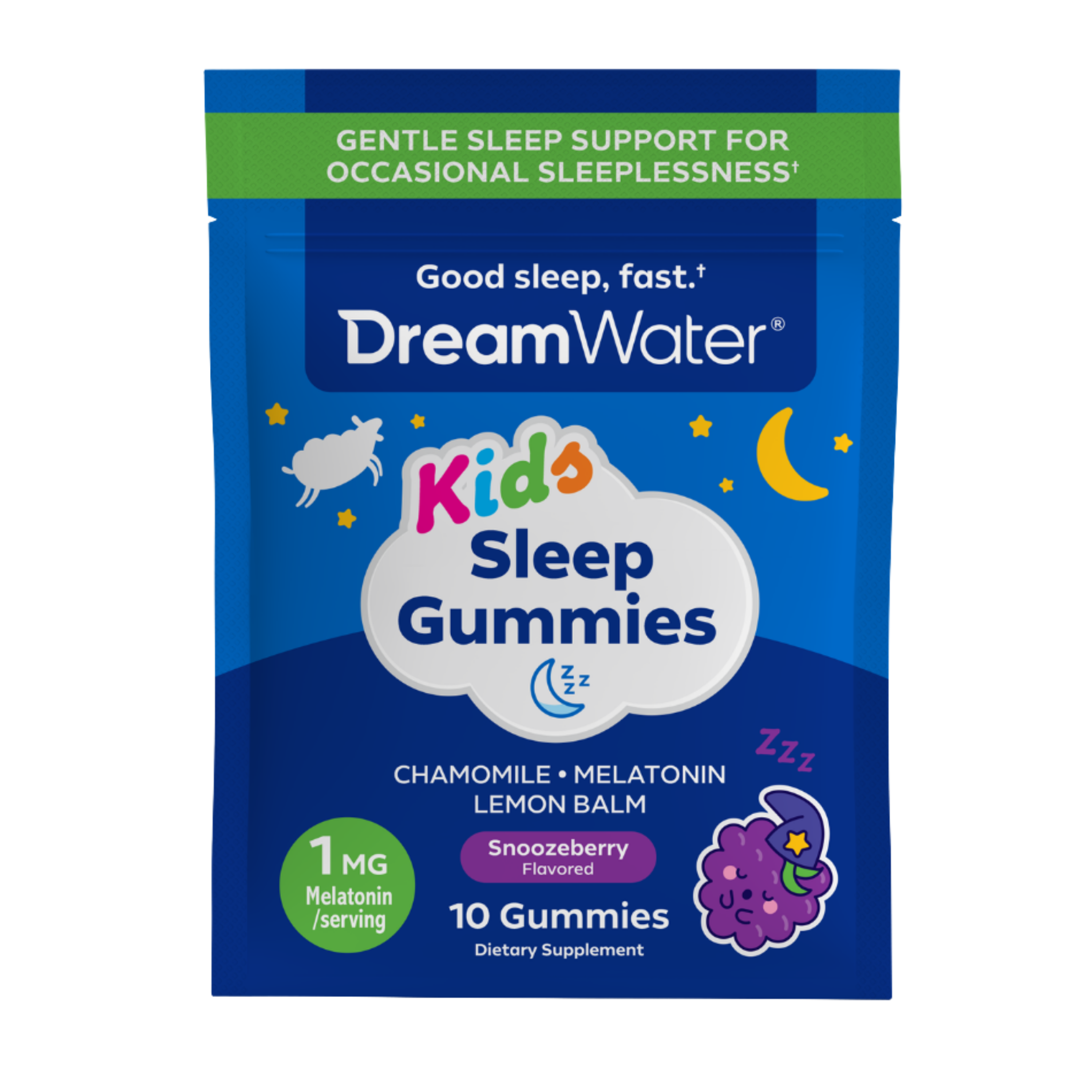 image-Dream Water Kids Sleep Gummies, Snoozeberry Flavor, 10ct Pouches x 12-Pack