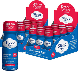 Dream Water Sleep Shot Nighttime Nectar flavor in a 24-pack, featuring small bottles of sleep aid shot with label and cap on a white background.